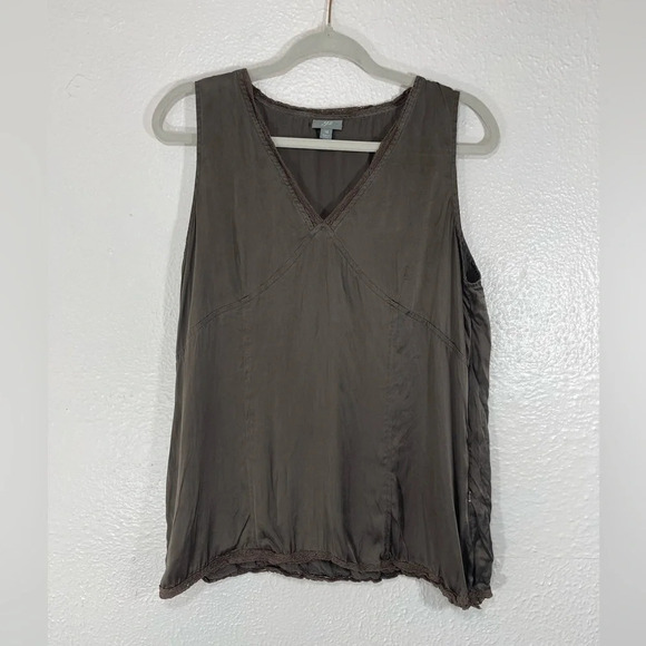 J. Jill Tops - J. Jill 100% Silk Soft Brown Lace Detail V-Neck Sleeveless Cami Tank Top Size 14